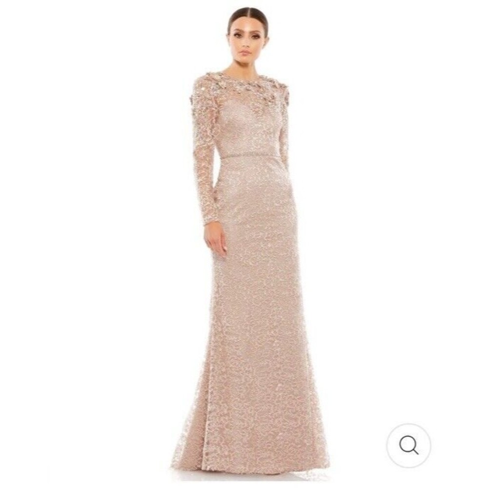 Mac Duggal Blush Lace & Beaded Long Sleeve Evening Gown